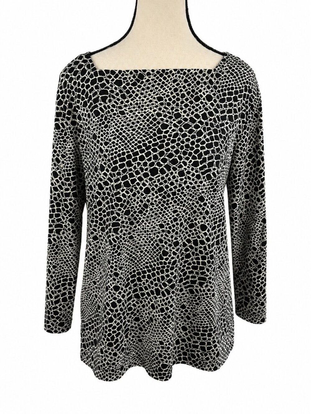 Preston & York Womens Black White Animal Print 3/4 Sleeve Boat Neck Blouse Top